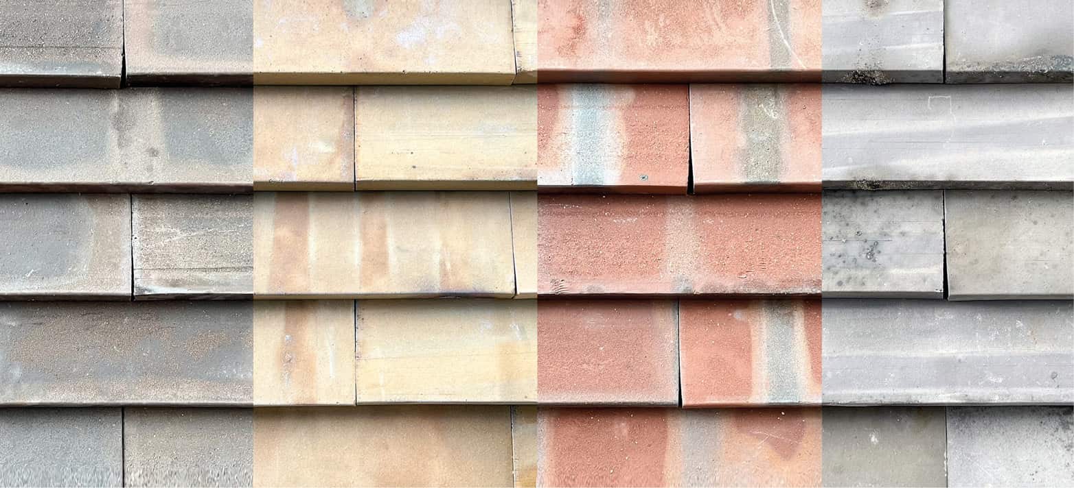 Natürliche Farben in Grau-, Ocker- und Rottönen in individuellen Schattierungen nebeneinander